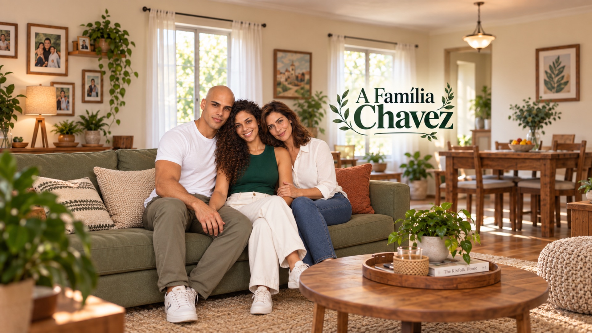 Miguel, Kenia e a Mãe sorrindo no sofá da sala — A Família Chavez